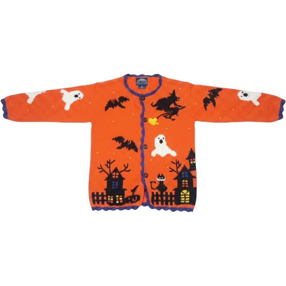 Rey Wear Halloween Hand Knitted Cotton Cardigan Ghost Witch Cat Orange Small